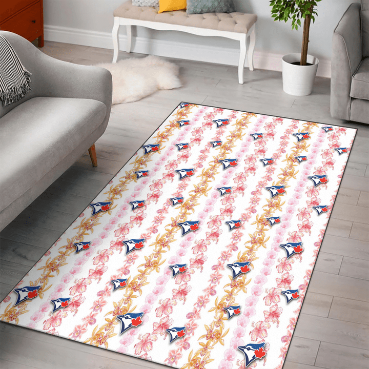 TOR Pink Hibiscus Yellow Pink Orchid White Background Printed Area Rug