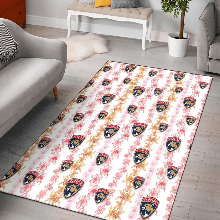 FLA Pink Hibiscus Yellow Pink Orchid White Background Printed Area Rug