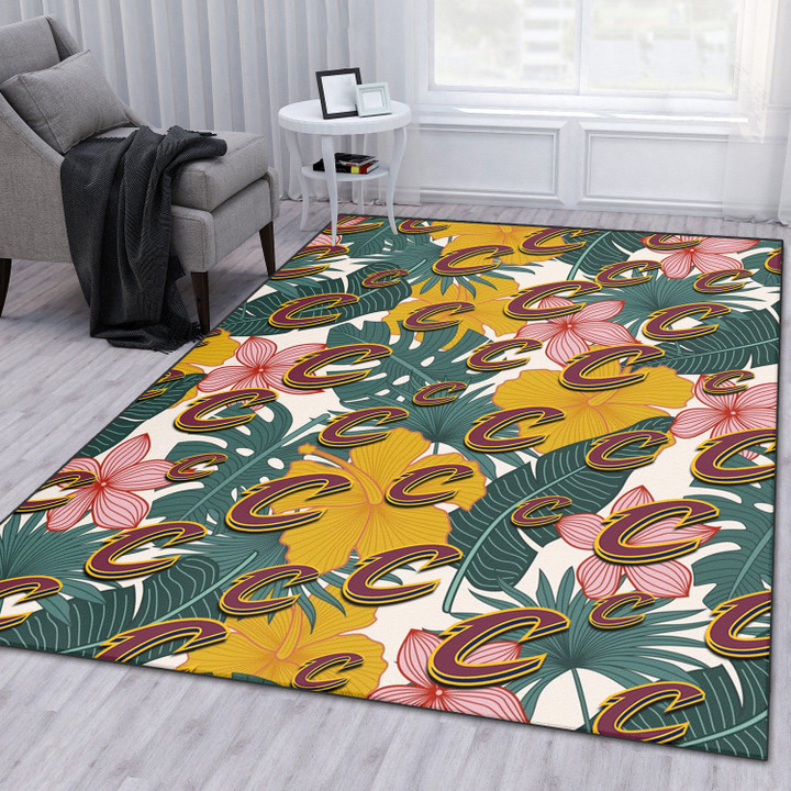 CLE Yellow Hibiscus Green Banana Leaf Pink Porcelain Flower Printed Area Rug