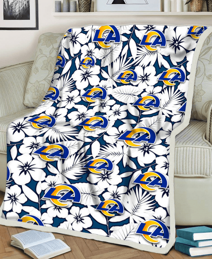 LAR White Hibiscus And Leaves Blue Background 3D Fleece Sherpa Blanket