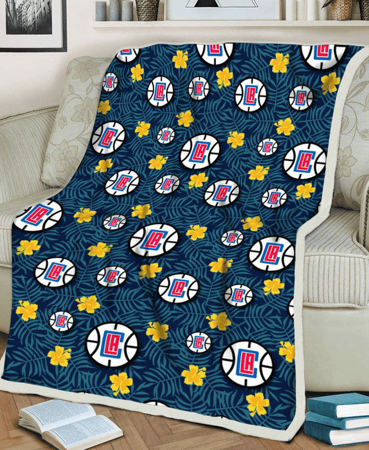 LAC Yellow Hibiscus Cadet Blue Leaf Navy Background 3D Fleece Sherpa Blanket