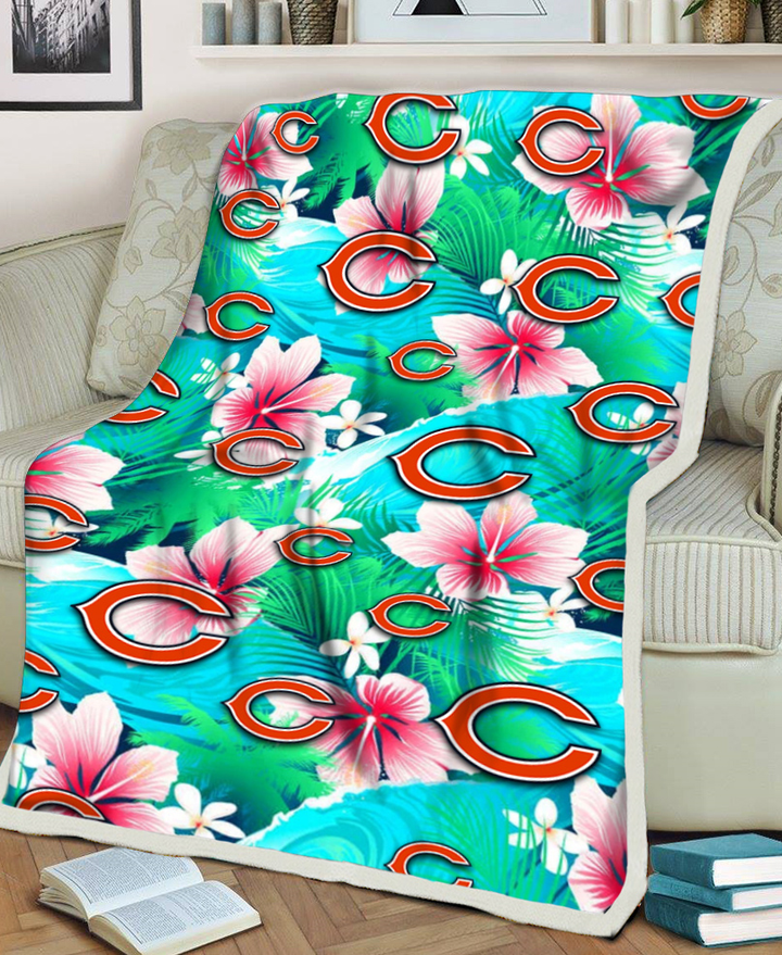CHI Pink Hibiscus Green Leaf Blue Background 3D Fleece Sherpa Blanket