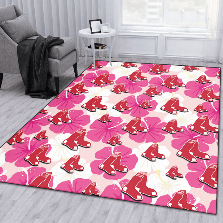 BOS Pink White Hibiscus Misty Rose Background Printed Area Rug