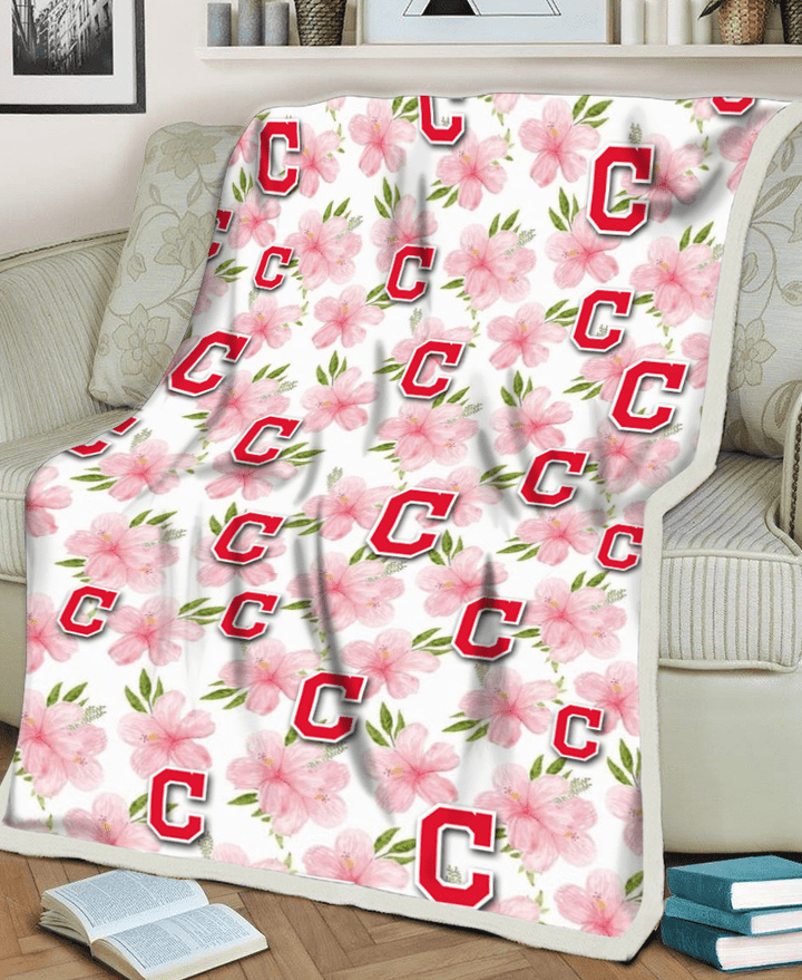Cleveland Indians Light Pink Hibiscus White Background 3D Fleece Sherpa Blanket