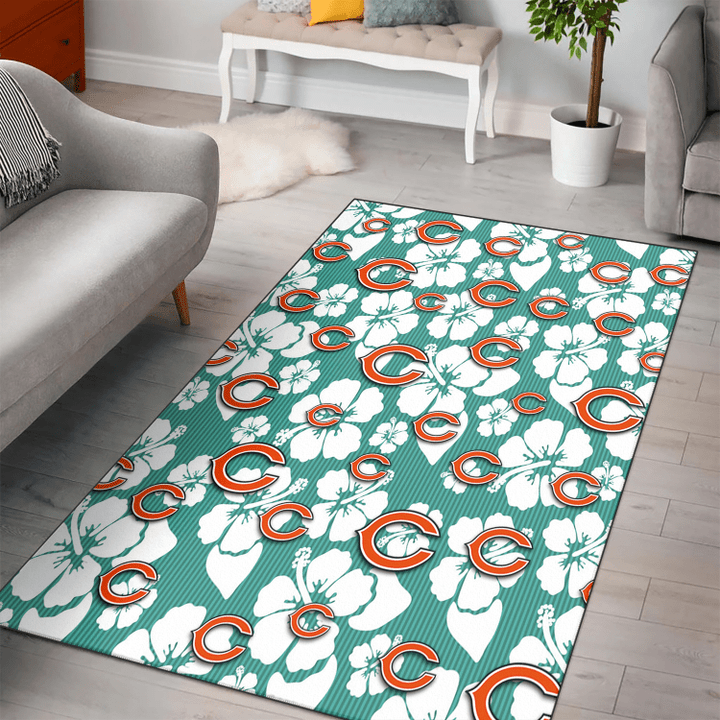 CHI White Hibiscus Turquoise Stripe Background Printed Area Rug