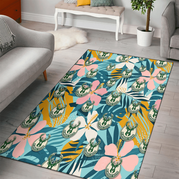 MIL Pastel Color Hibiscus Tropical Leaves Light Green Background Printed Area Rug