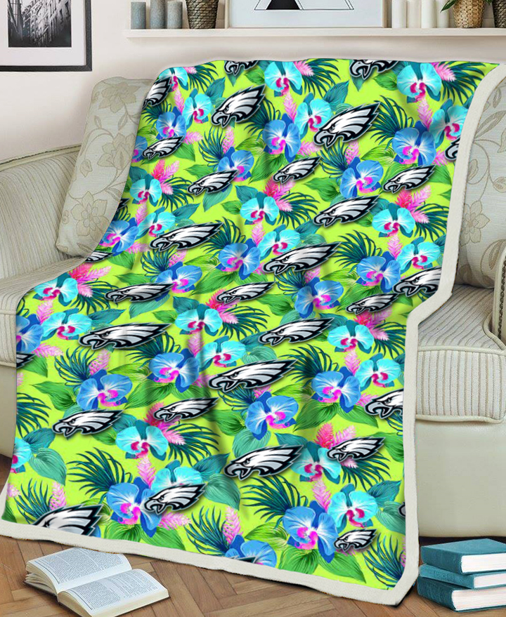 PHI Blue Orchid Green Pink Leaf Green Background 3D Fleece Sherpa Blanket