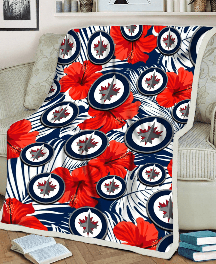 WPG White Tropical Leaf Red Hibiscus Navy Background 3D Fleece Sherpa Blanket