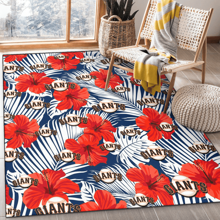 SF White Tropical Leaf Red Hibiscus Navy Background Printed Area Rug
