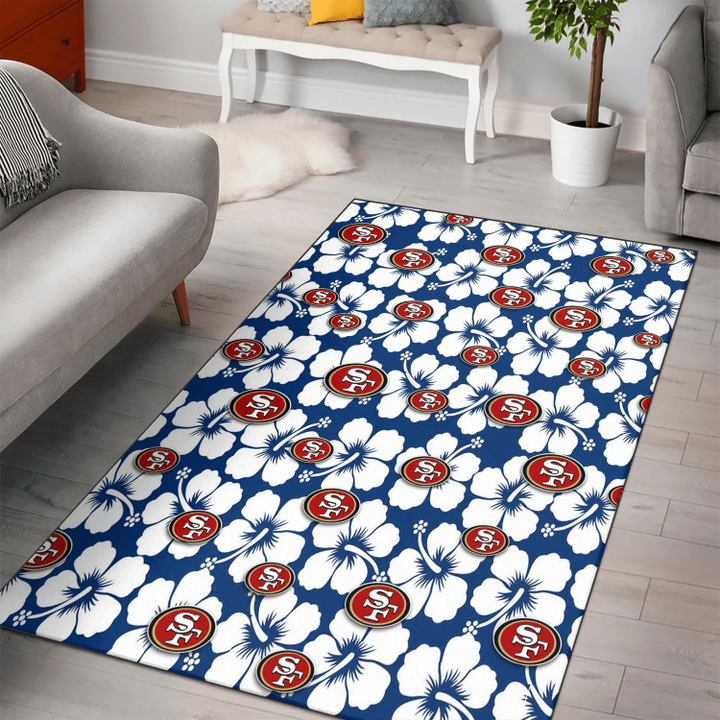 SF Modern White Hibiscus Navy Background Printed Area Rug