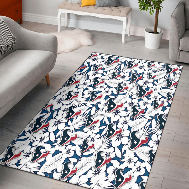 HST White Hibiscus And Leaves Blue Background Printed Area Rug