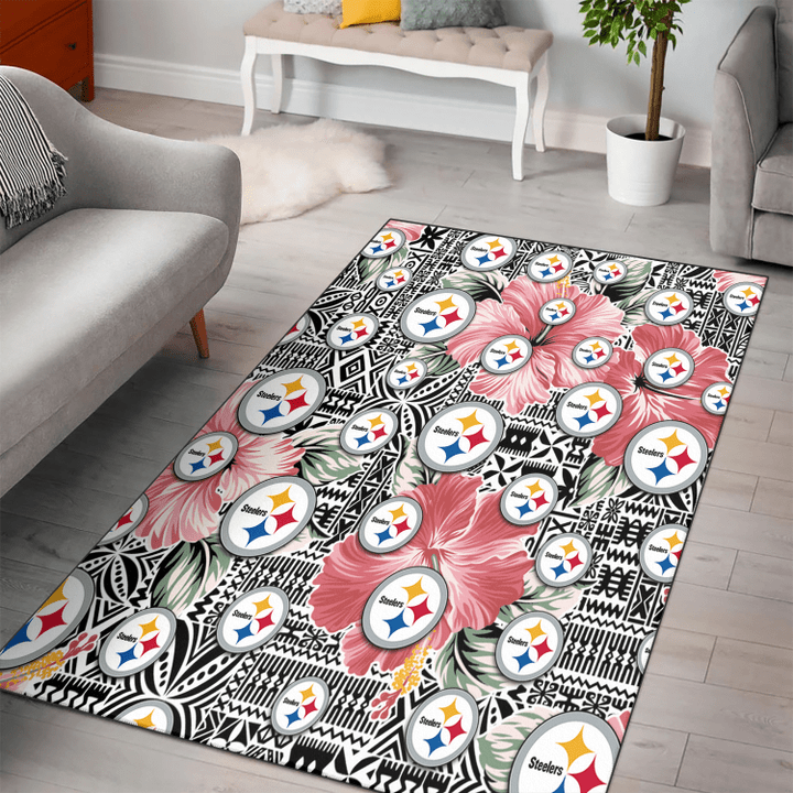 PIT Pink Hibiscus Black Pattern White Background Printed Area Rug
