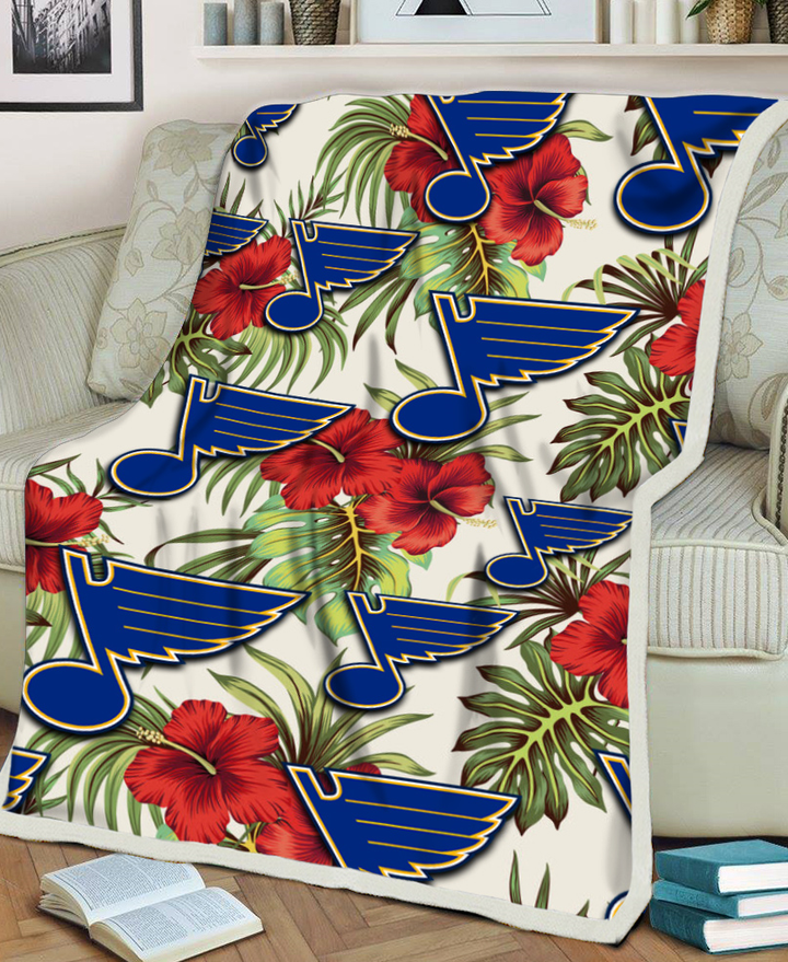 STL Red Hibiscus Green Tropical Leaf Cream Background 3D Fleece Sherpa Blanket