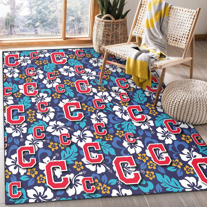 Cleveland Indians White Hibiscus Ceramic Style Navy Background Printed Area Rug