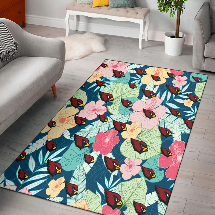 ARZ Colorful Sketch Hibiscus Dark Green Background Printed Area Rug
