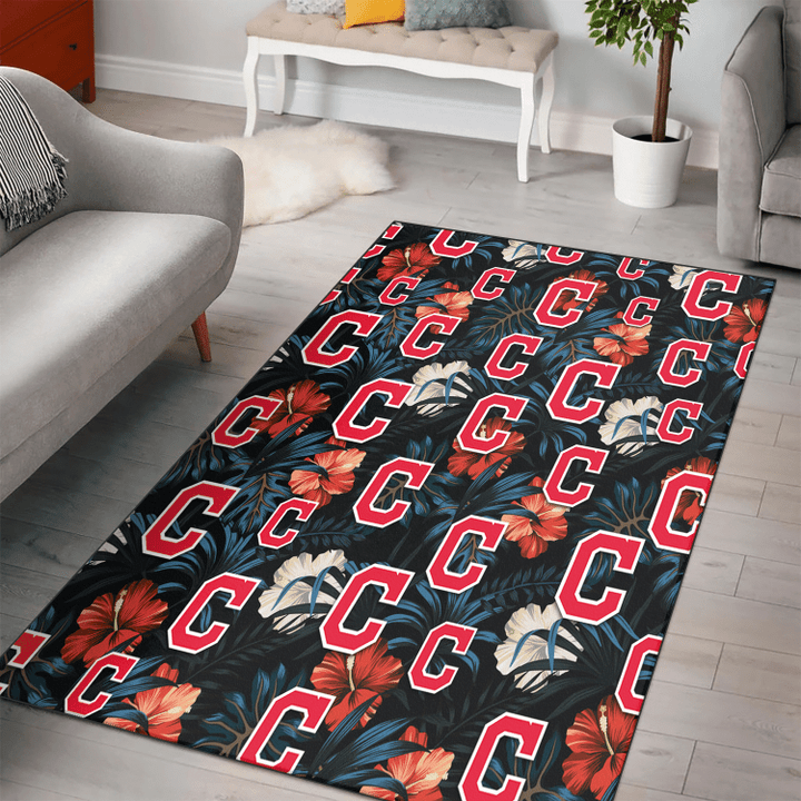 Cleveland Indians Red And White Hibiscus Dark Leaf Black Background Printed Area Rug
