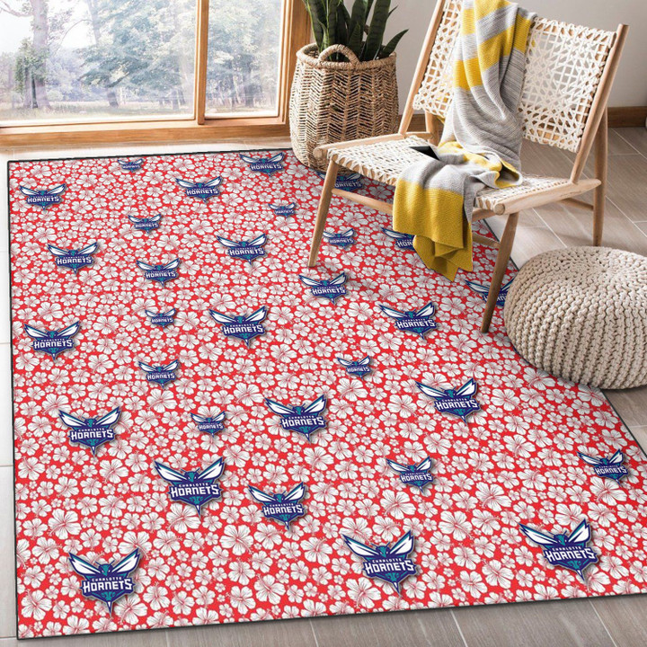 CHA Tiny White Hibiscus Pattern Red Background Printed Area Rug