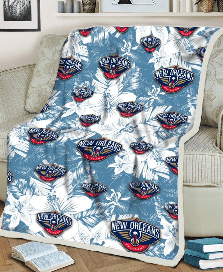 New Orlean Pelicans White Hibiscus Orchid Light Blue Background 3D Fleece Sherpa Blanket