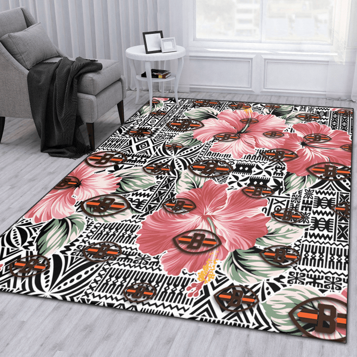 CLV Pink Hibiscus Black Pattern White Background Printed Area Rug