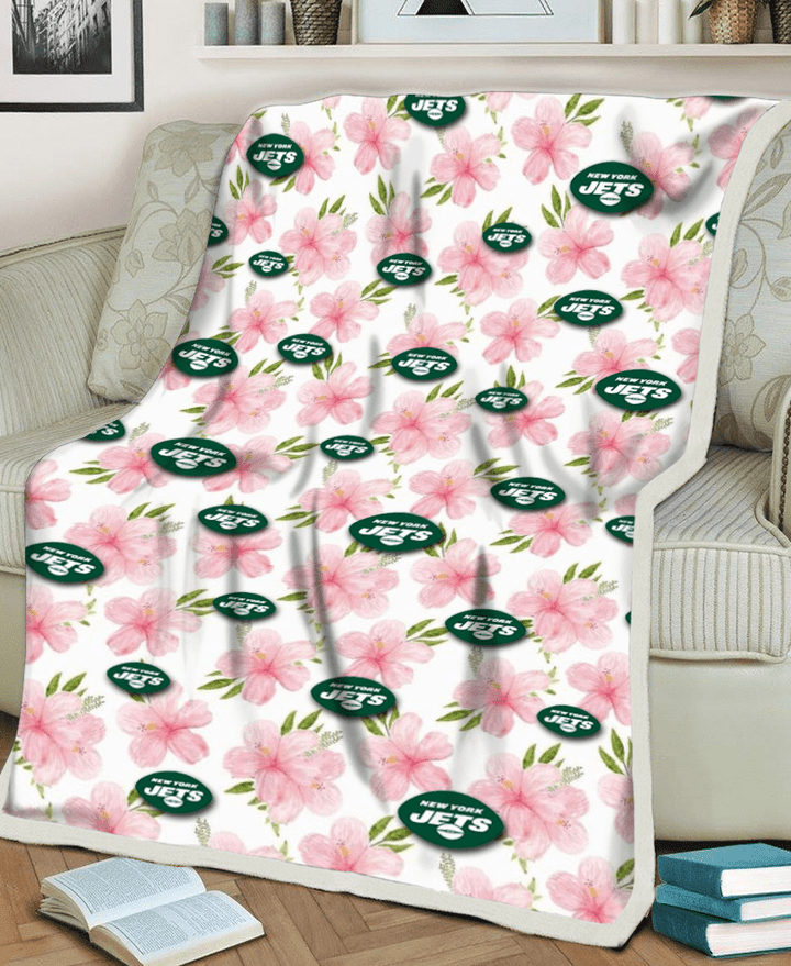 NYJ Light Pink Hibiscus White Background 3D Fleece Sherpa Blanket