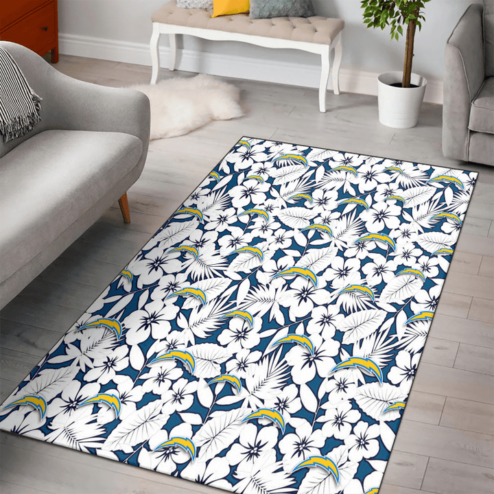 LAC White Hibiscus And Leaves Blue Background Printed Area Rug