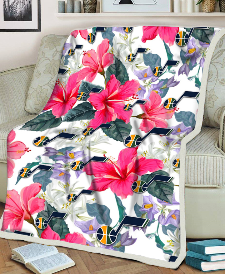 UTA Pink Hibiscus White Orchid White Background 3D Fleece Sherpa Blanket
