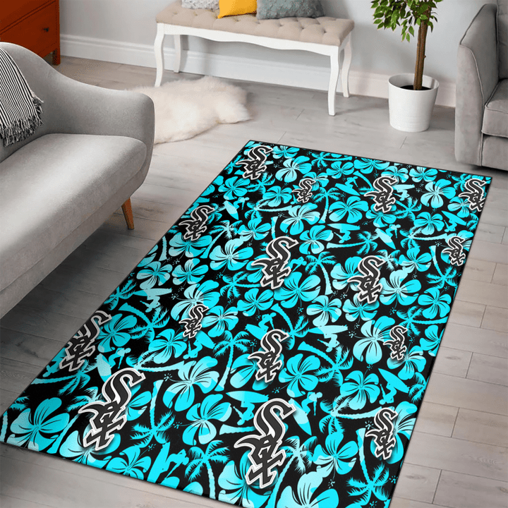 Chicago White Sox Blue Hibiscus Blue Coconut Tree Black Background Printed Area Rug