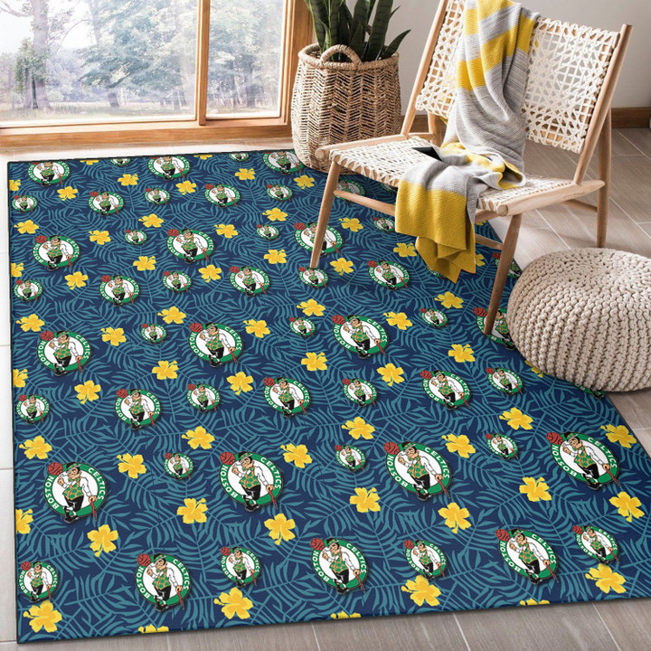 BOS Yellow Hibiscus Cadet Blue Leaf Navy Background Printed Area Rug
