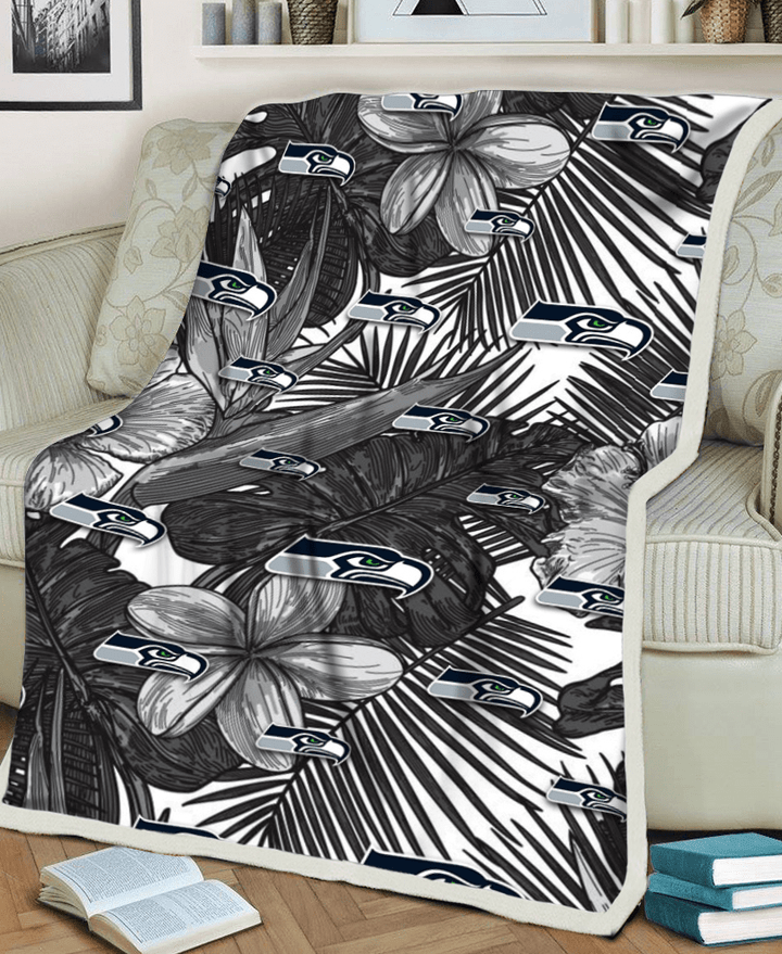 SEA Grey Sketch Hibiscus Palm Leaf White Background 3D Fleece Sherpa Blanket