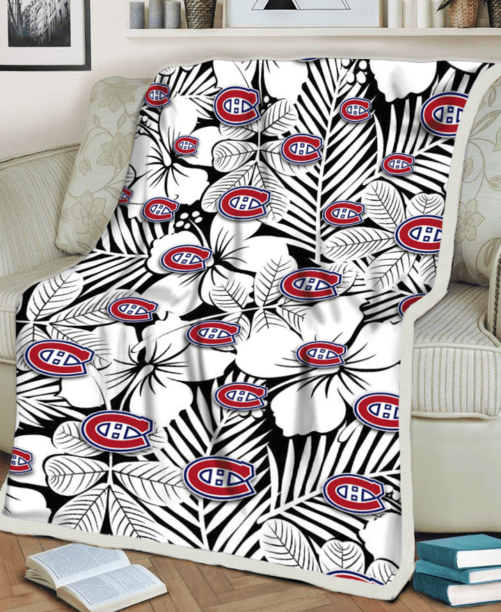 Montreal Canadiens White Big Hibiscus Black Background 3D Fleece Sherpa Blanket