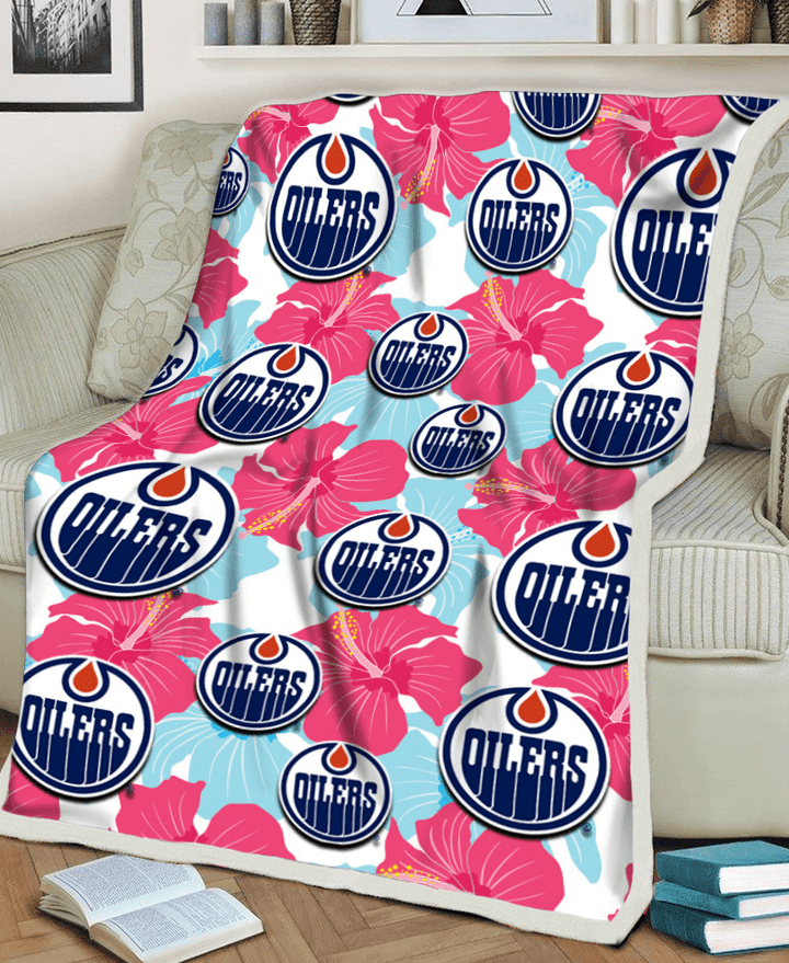 EDM Oilers Pink Blue Hibiscus White Background 3D Fleece Sherpa Blanket
