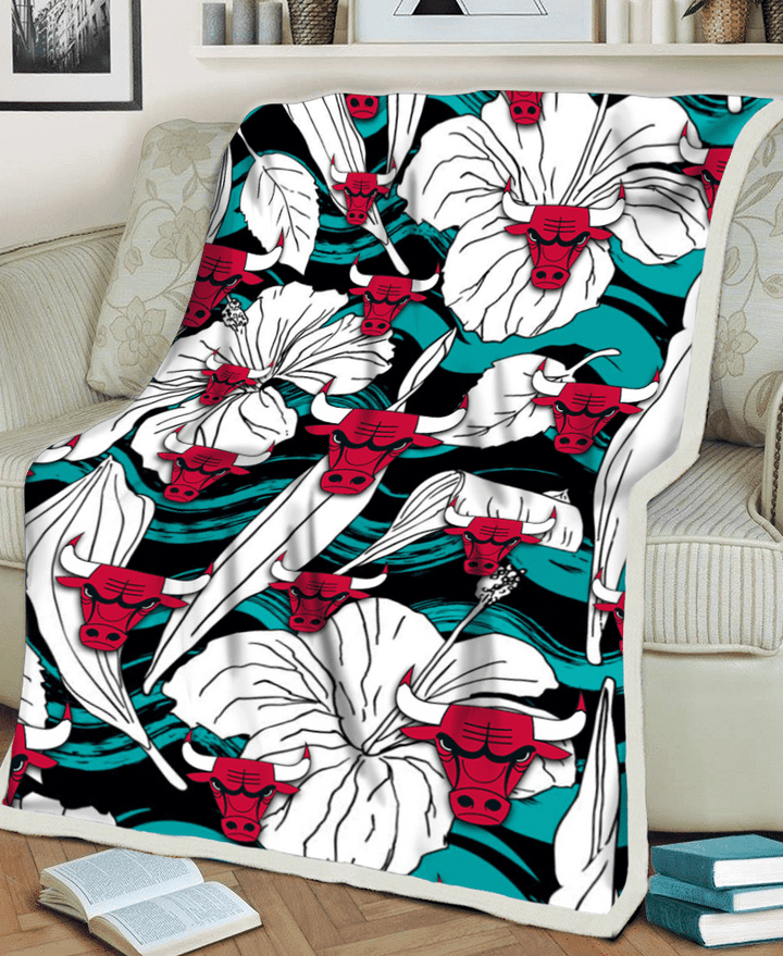 CHI Bulls White Hibiscus Turquoise Wave Black Background 3D Fleece Sherpa Blanket