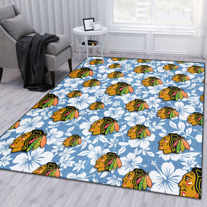 CHI Black Hawks White Hibiscus Light Blue Texture Background Printed Area Rug