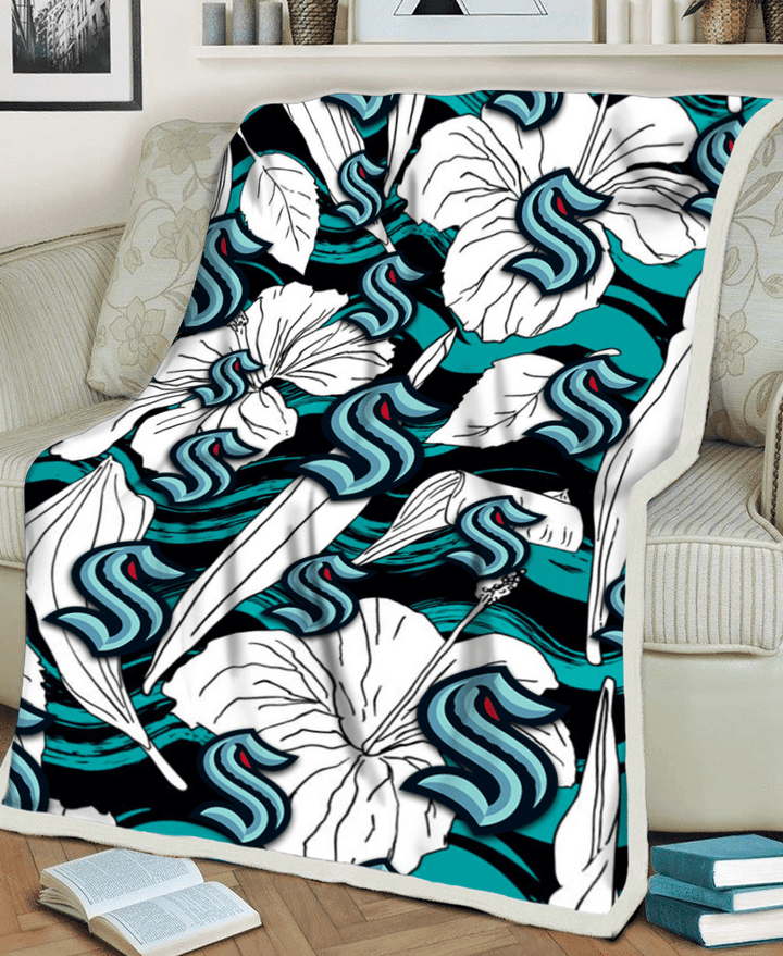 SEA Kraken White Hibiscus Turquoise Wave Black Background 3D Fleece Sherpa Blanket