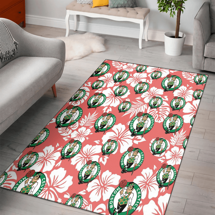 BOS White Hibiscus Salmon Background Printed Area Rug