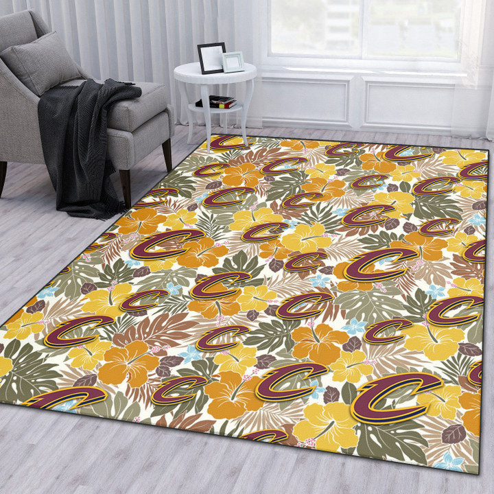 CLE Brown Yellow Hibiscus White Background Printed Area Rug