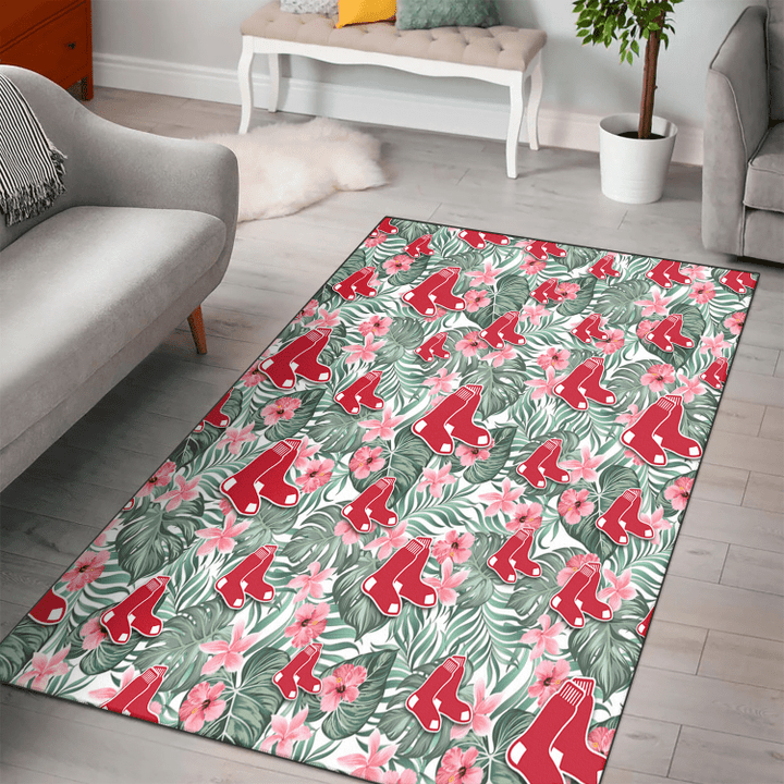 BOS Pink Hibiscus Porcelain Flower Tropical Leaf White Background Printed Area Rug