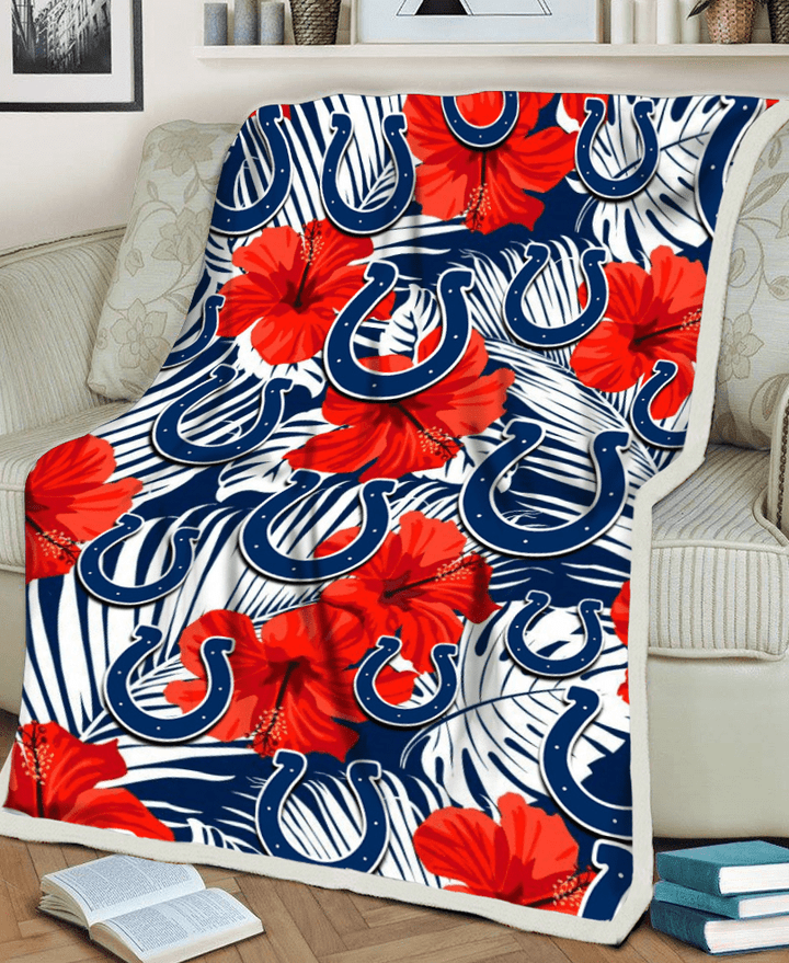 IND White Tropical Leaf Red Hibiscus Navy Background 3D Fleece Sherpa Blanket