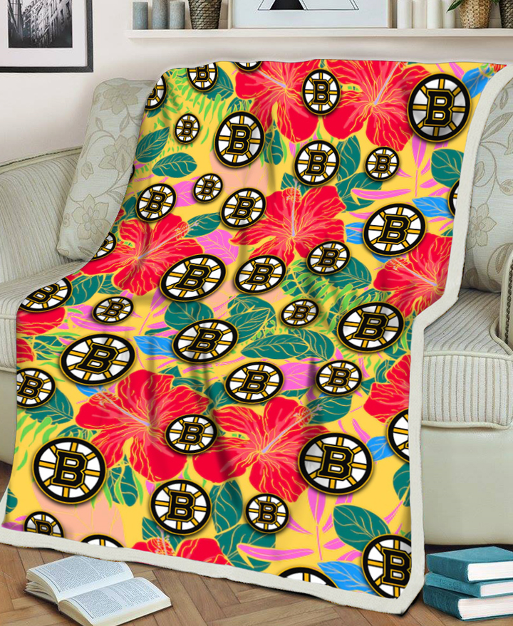 BOS Red Hibiscus Green Blue Leaf Yellow Background 3D Fleece Sherpa Blanket
