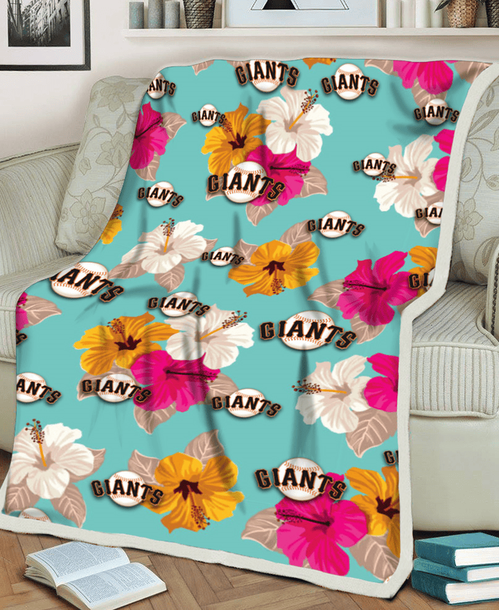 SF Pink Yellow White Hibiscus Turquoise Background 3D Fleece Sherpa Blanket