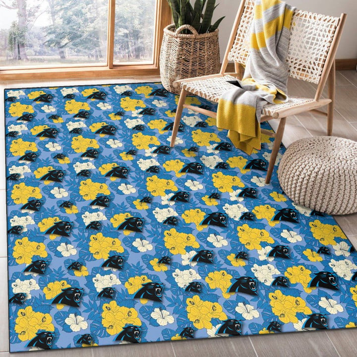 CAR Yellow White Hibiscus Powder Blue Background Printed Area Rug