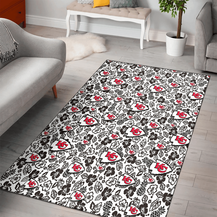KC Black And White Hibiscus Leaf White Background Printed Area Rug
