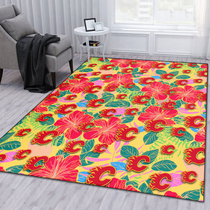 CGY Red Hibiscus Green Blue Leaf Yellow Background Printed Area Rug