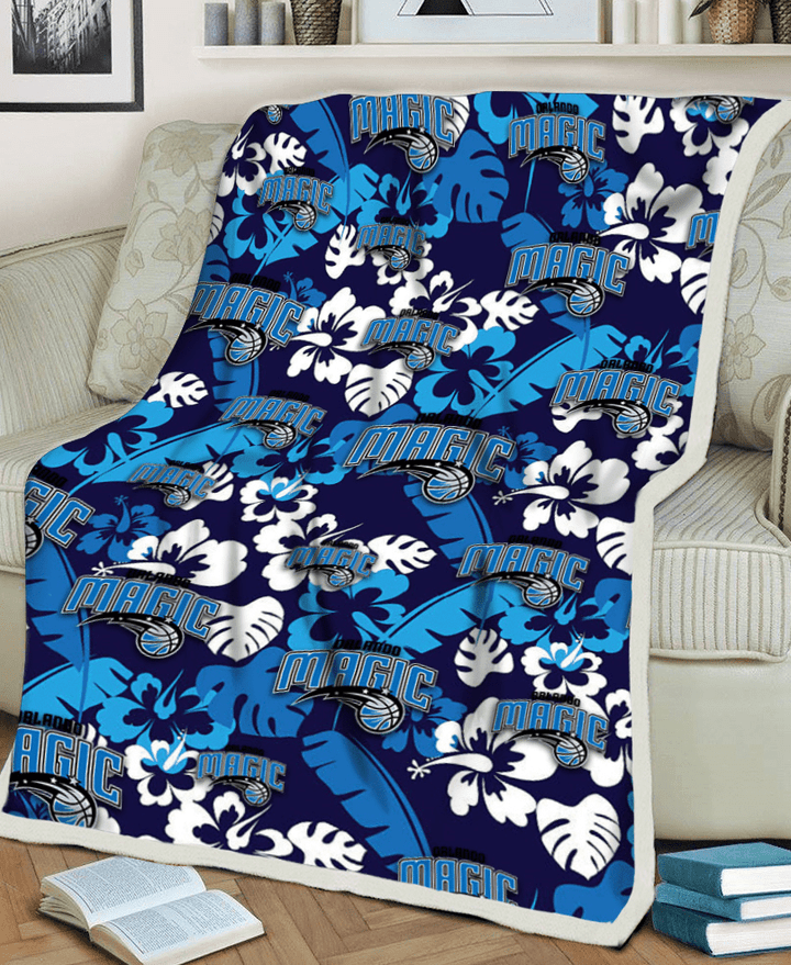ORL Light Blue Hibiscus Banana Leaf Navy Background 3D Fleece Sherpa Blanket