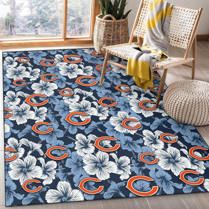 CHI White And Blue Hibiscus Dark Blue Background Printed Area Rug