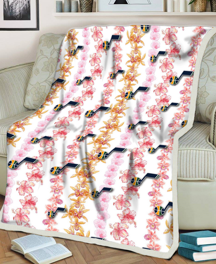 UTA Pink Hibiscus Yellow Pink Orchid White Background 3D Fleece Sherpa Blanket