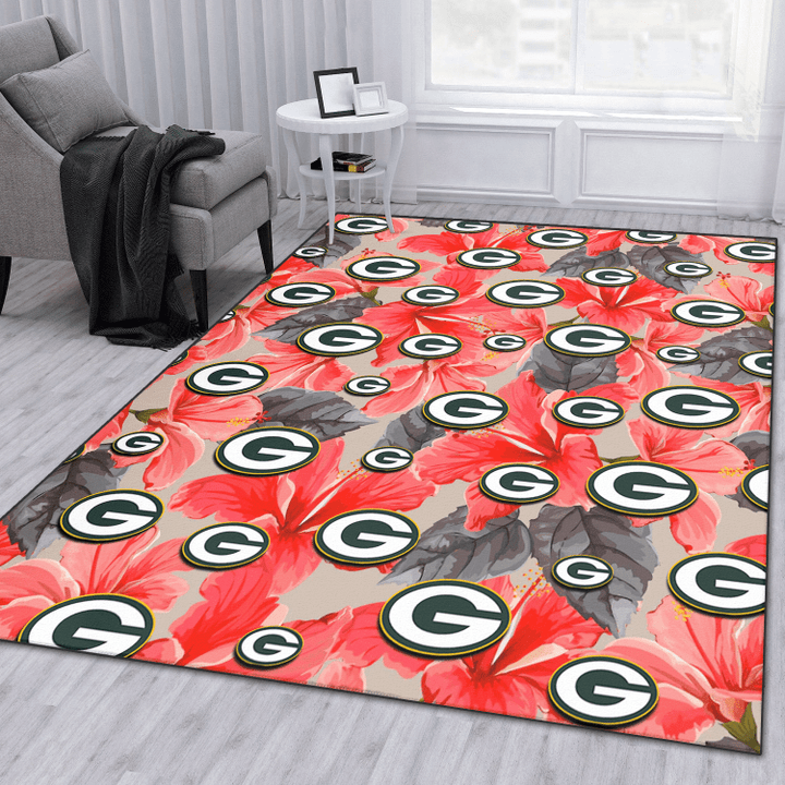 GB Red Hibiscus Gray Leaf Gainsboro Background Printed Area Rug