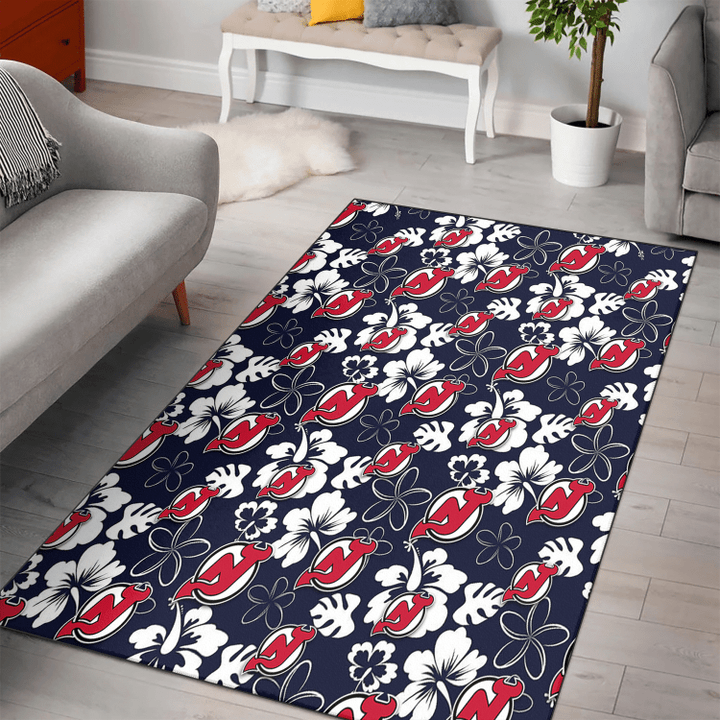 NJD White Hibiscus Sketch Porcelain Flower Navy Background Printed Area Rug