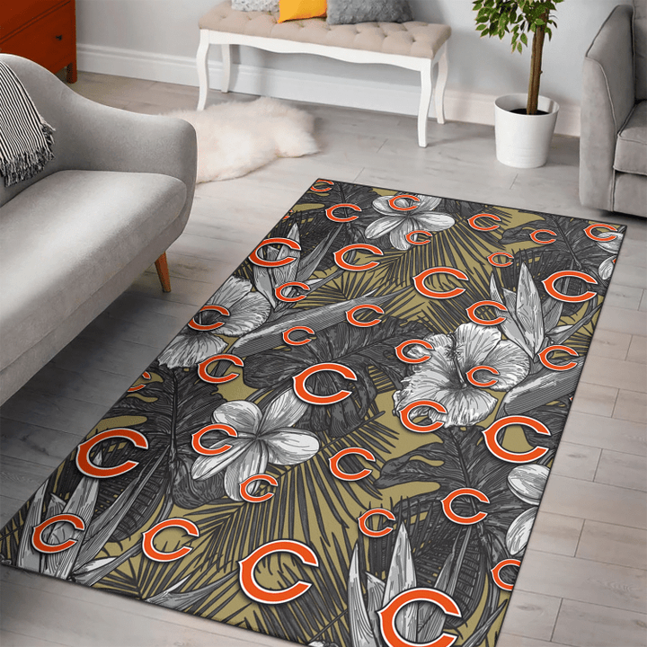 CHI Gray Sketch Hibiscus Yellow Palm Leaf Black Background Printed Area Rug