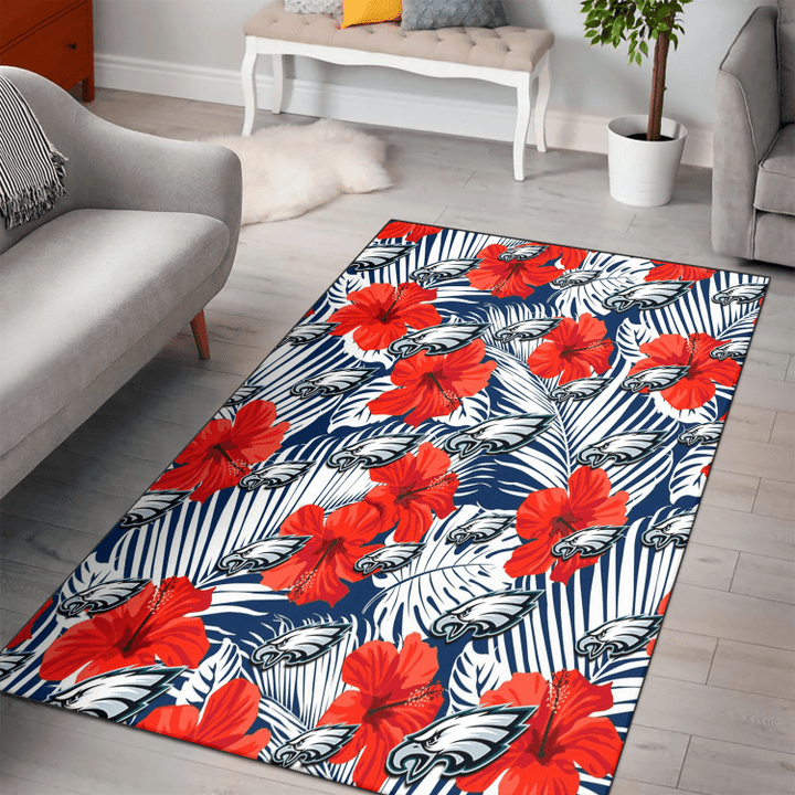 PHI White Tropical Leaf Red Hibiscus Navy Background Printed Area Rug